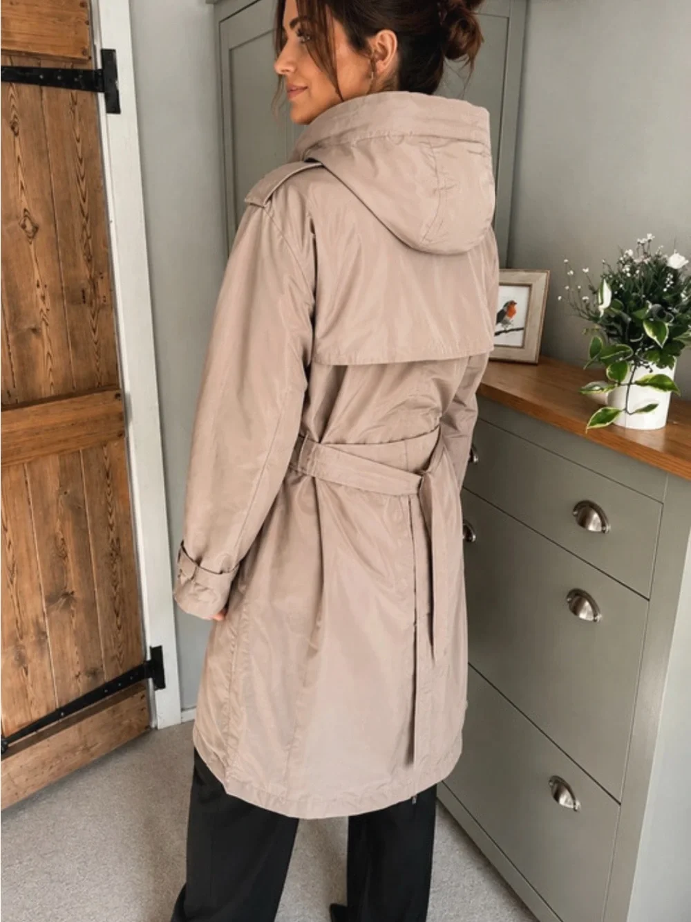 Burberry Taupe Double-Breasted Hooded Trench Coat - Picture 12 of 16